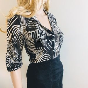 Black & White Tree Striped Black Collared Top